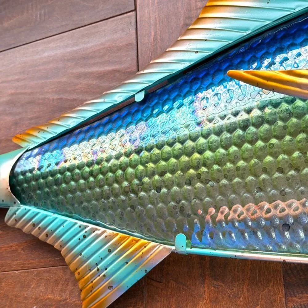 Tuna Fish Wall Sculpture 36 Inch Metal and Glass Iridescent Coastal Decor
